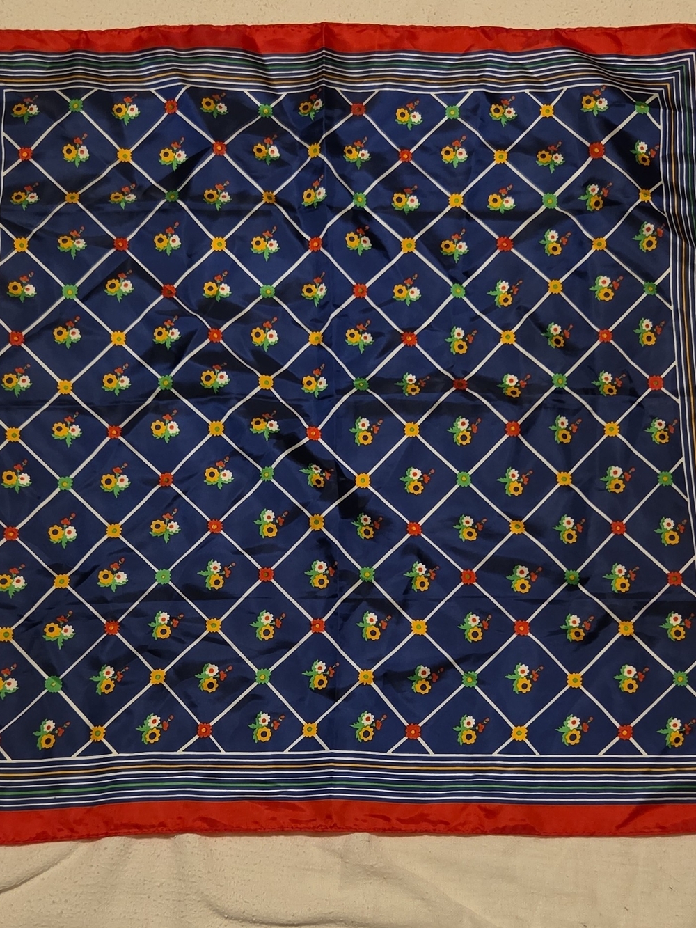 Vintage Floral Handkerchief Blue Multicolor Red Border Adult Unisex